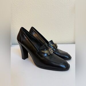 Donald J Pliner Black Leather High Block Heel Loafers Route 66 Gold Accent